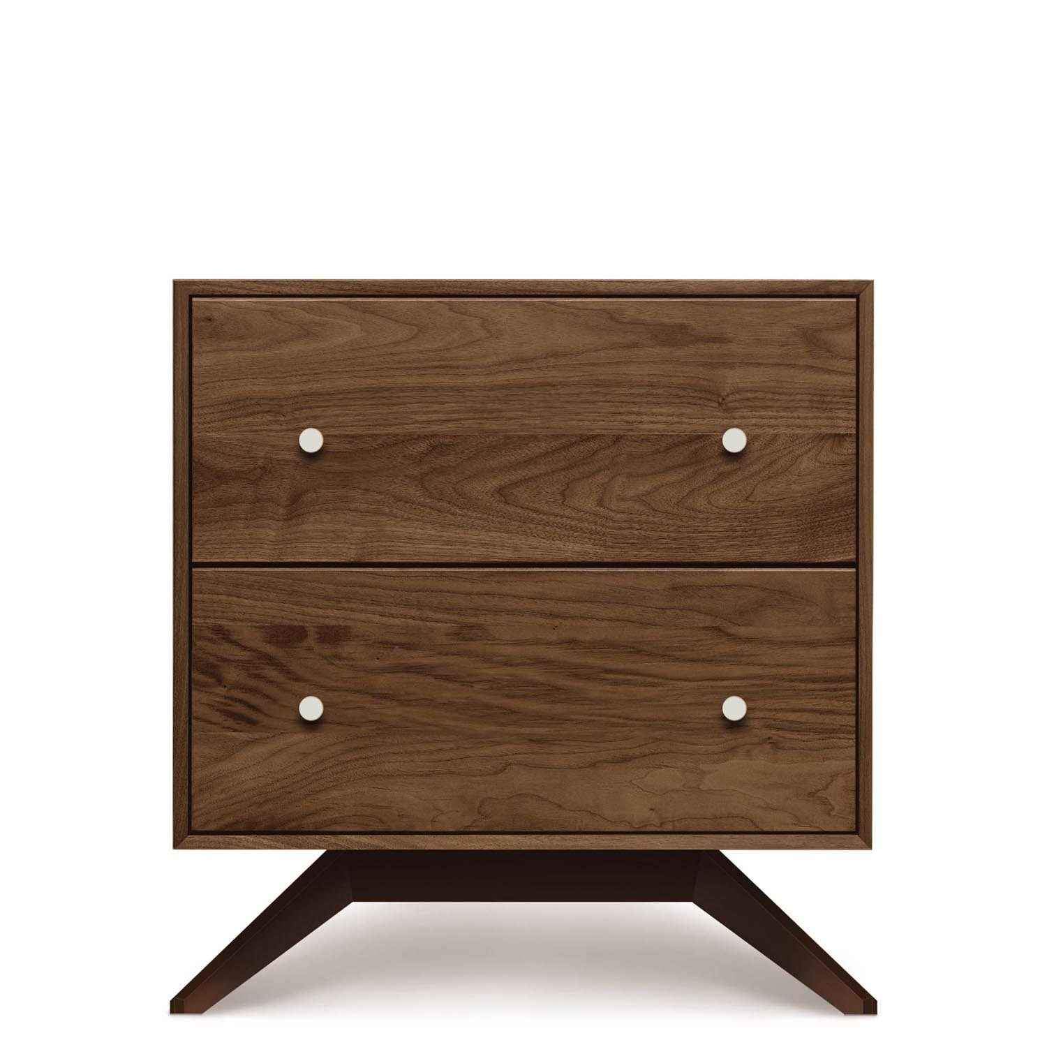 Astrid Two Drawer Nightstand in Walnut with Dark Chocolate Legs - Urban Natural Home Furnishings.  Nightstands, Copeland